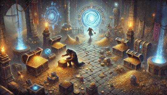 Path of Exile 2-inspired scene showing a character in dark armor looting gold coins from fallen monsters in a dungeon, with glowing portals, crafting stations, and a vendor stall in the background.