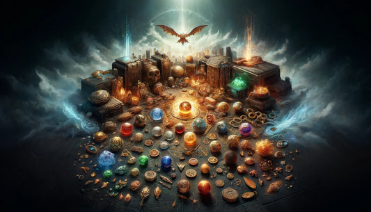 Fantasy-themed depiction of Path of Exile currency items, including Chaos Orbs, Exalted Orbs, shards, and fragments, displayed on a mystical surface surrounded by glowing runes.