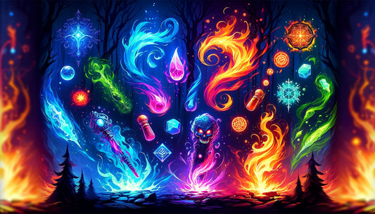 Abstract magical effects inspired by Path of Exile 2, featuring vibrant fire, ice, poison, and totem-themed colors blending in a mystical dark forest setting.