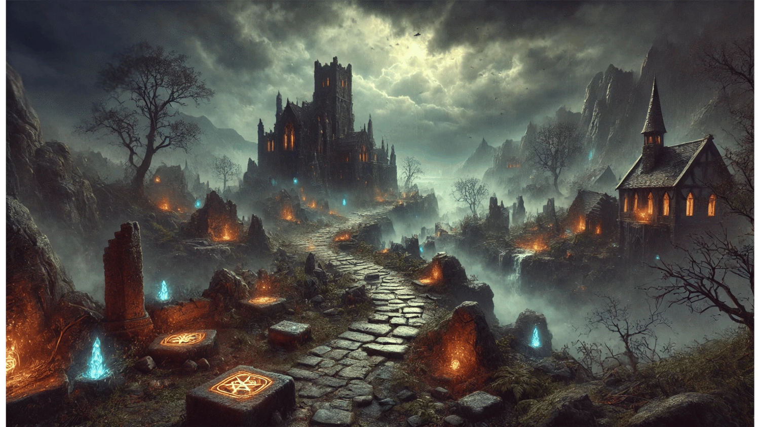 Path of Exile 1 fantasy landscape featuring a haunting ruined village, glowing blue runes, fog-laden forests, and jagged cliffs under a stormy sky, embodying PoE's dark and arcane theme.