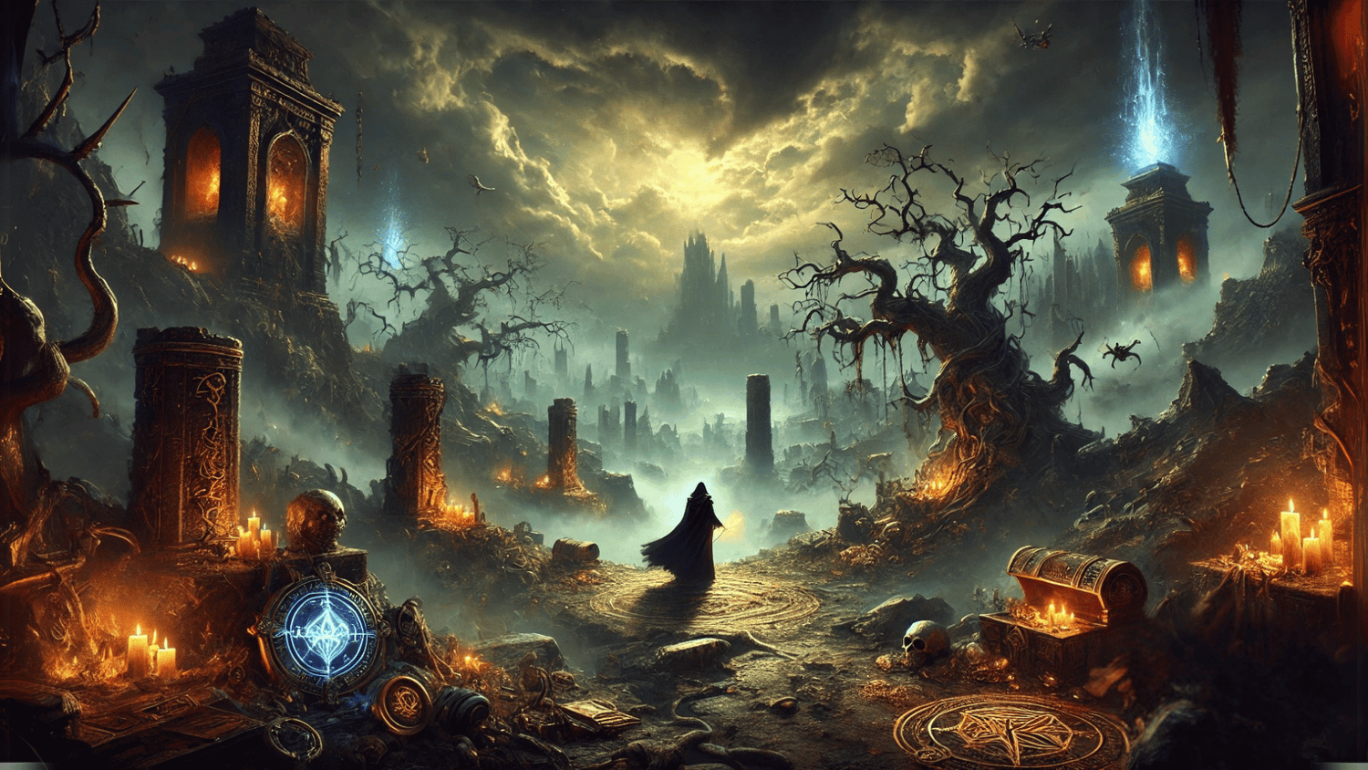 A wide landscape image inspired by Path of Exile 2, featuring ancient ruins with glowing runes, eerie twisted trees, and a stormy sky.