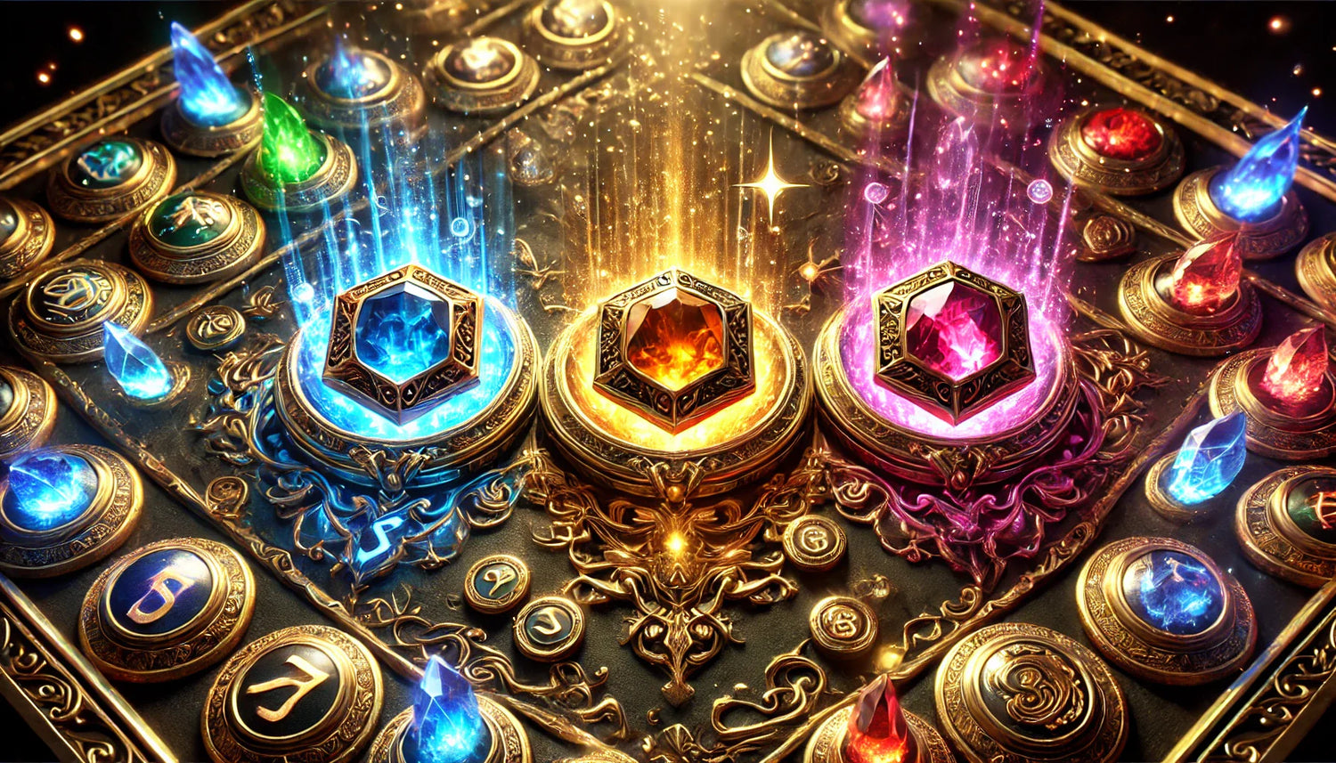 PoE 2 Skill Gems glowing with vibrant magical energy, elegantly displayed with luxurious golden borders against a dark, arcane background with intricate symbols and mystical runes inspired by Path of Exile 2.